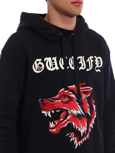 gucci wolf hood embroidered hoodie|white gucci logo hoodie men.